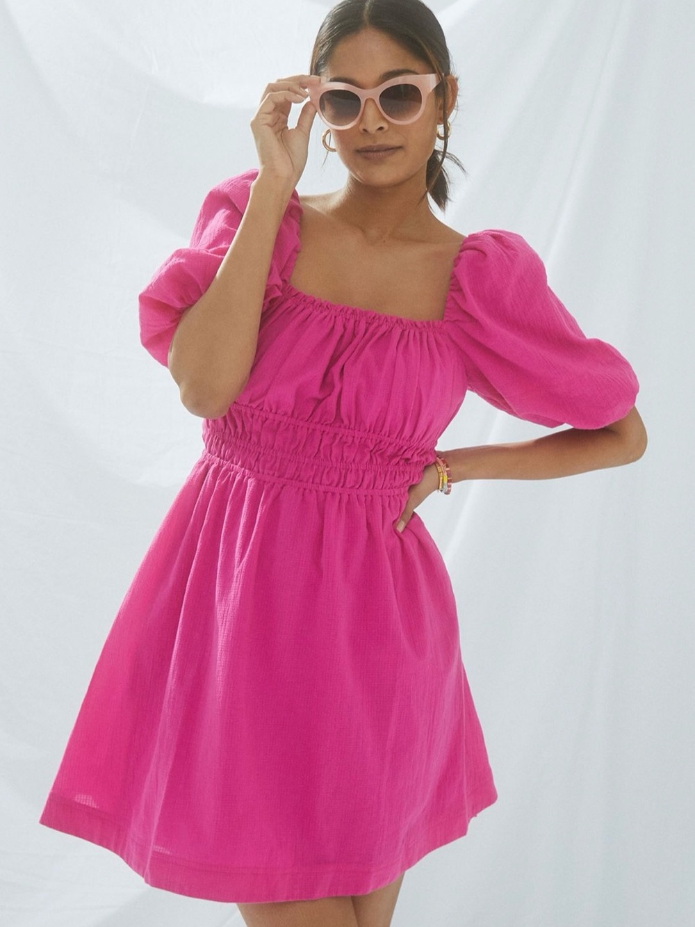 Anthropologie Pink Puff Sleeve Mini Dress | Smocked Cottagecore Brunch Vacation